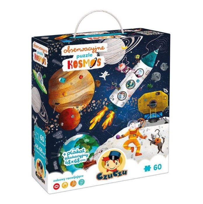 Puzzle obserwacyjne edukacyjne CzuCzu kosmos - kolorowe pudełko z ilustracją kosmosu, rakiety i planet